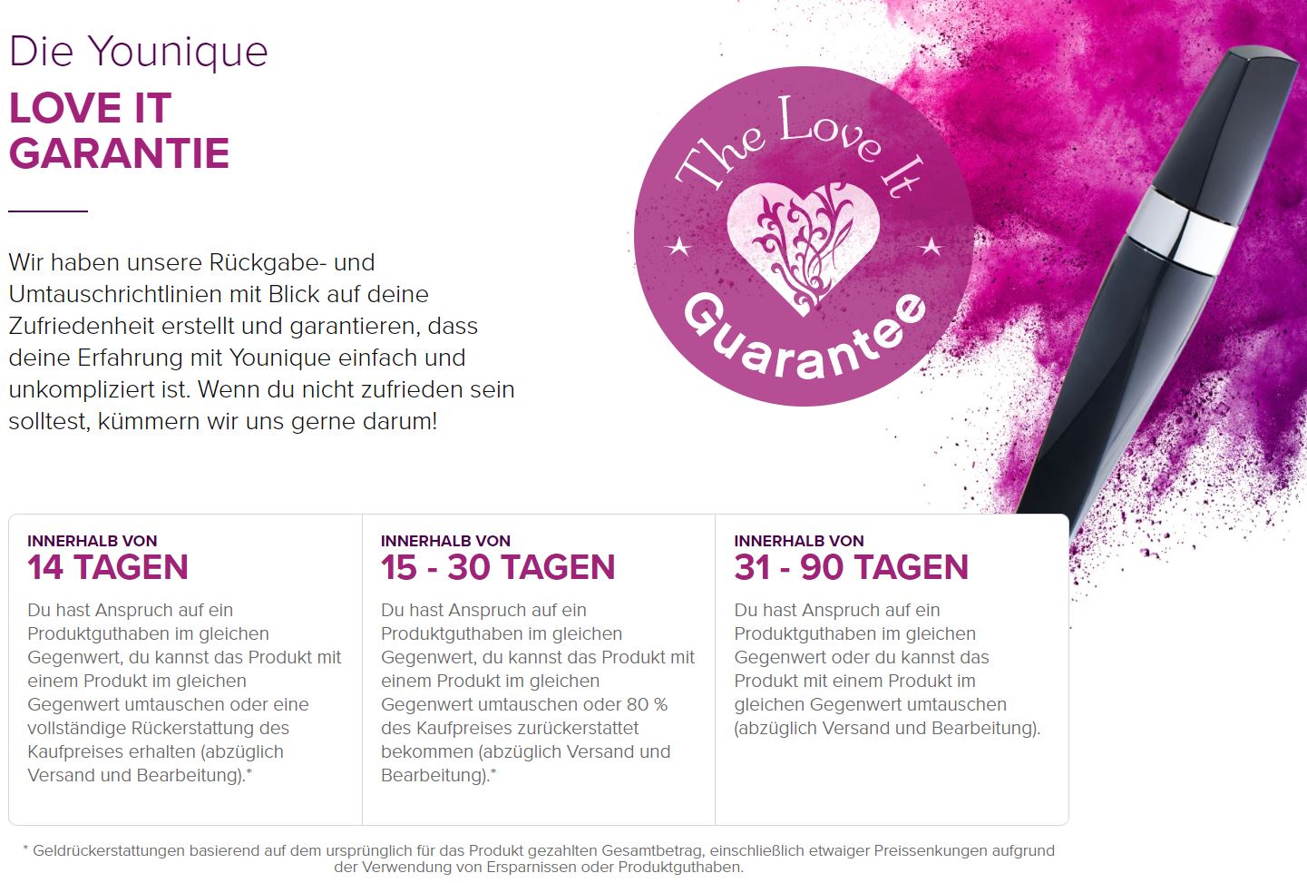 Younique Love it Garantie einfache Rücksendung Geld