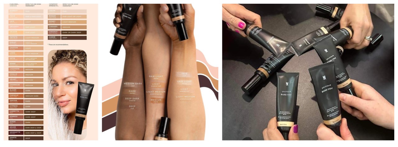 Younique BareYou BB Tinted Moisturizer getönte Feuchtigkeitscreme 2023 neue Version LSF 30 9 Farben Swatches klein